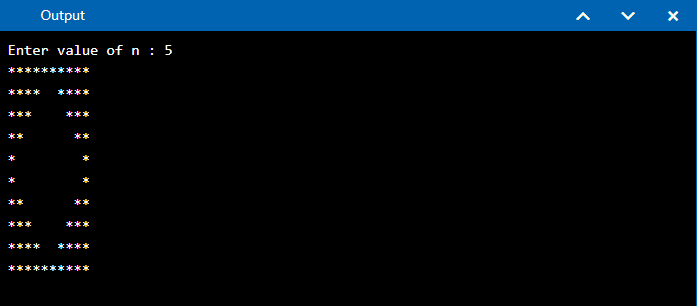                     Output
Enter value of n : 5
*********
****  ****
***     ***
**        **
*           *
**        **
***     ***
****  ****
*********